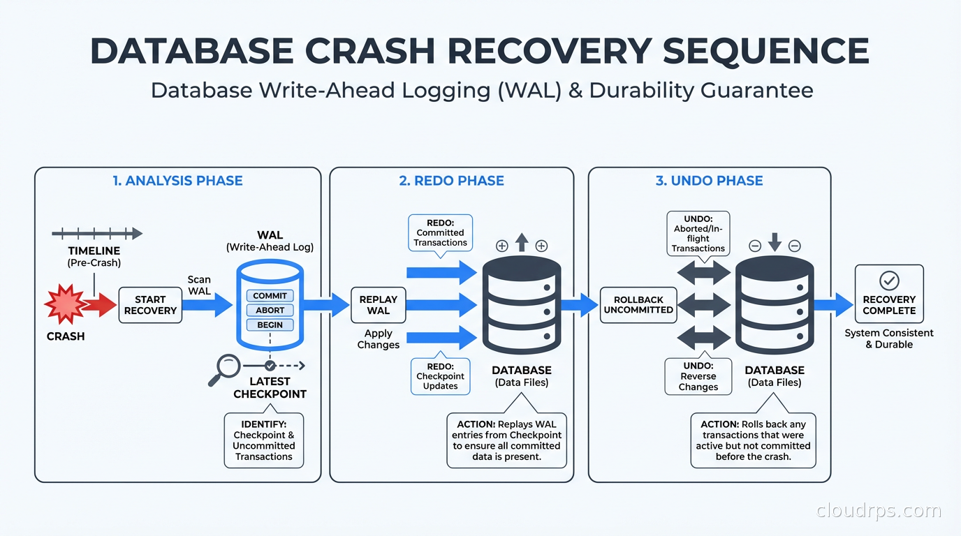 Crash recovery sequence: analysis phase identifies checkpoint, redo phase replays WAL, undo phase rolls back uncommitted transactions