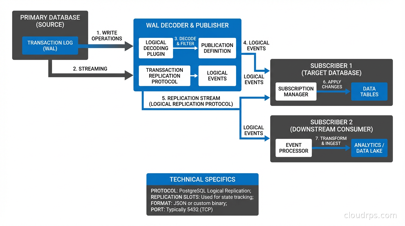 Logical replication architecture showing WAL decoder publishing logical events to subscribers and downstream consumers