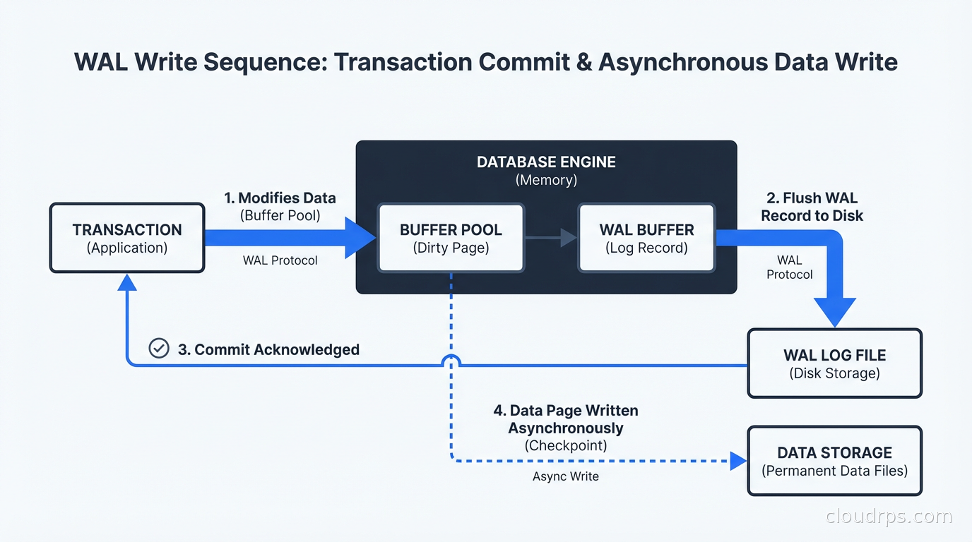 WAL write sequence diagram: transaction modifies buffer pool, WAL record flushed to disk, commit acknowledged, data page written asynchronously