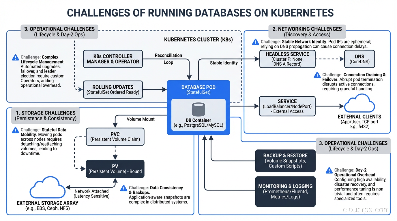 Challenges of running databases on Kubernetes showing storage, networking, and operational concerns