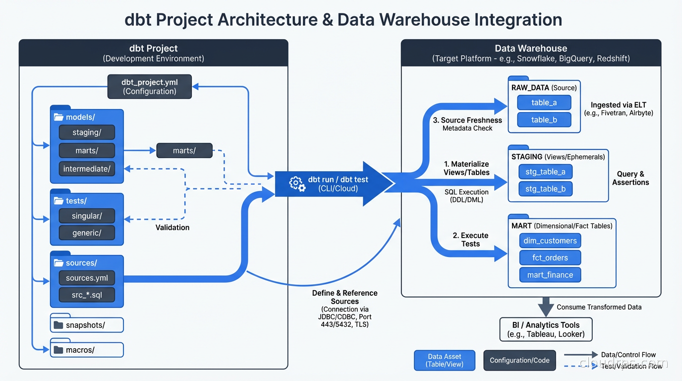 dbt project structure showing models, tests, sources, and their relationship to the data warehouse