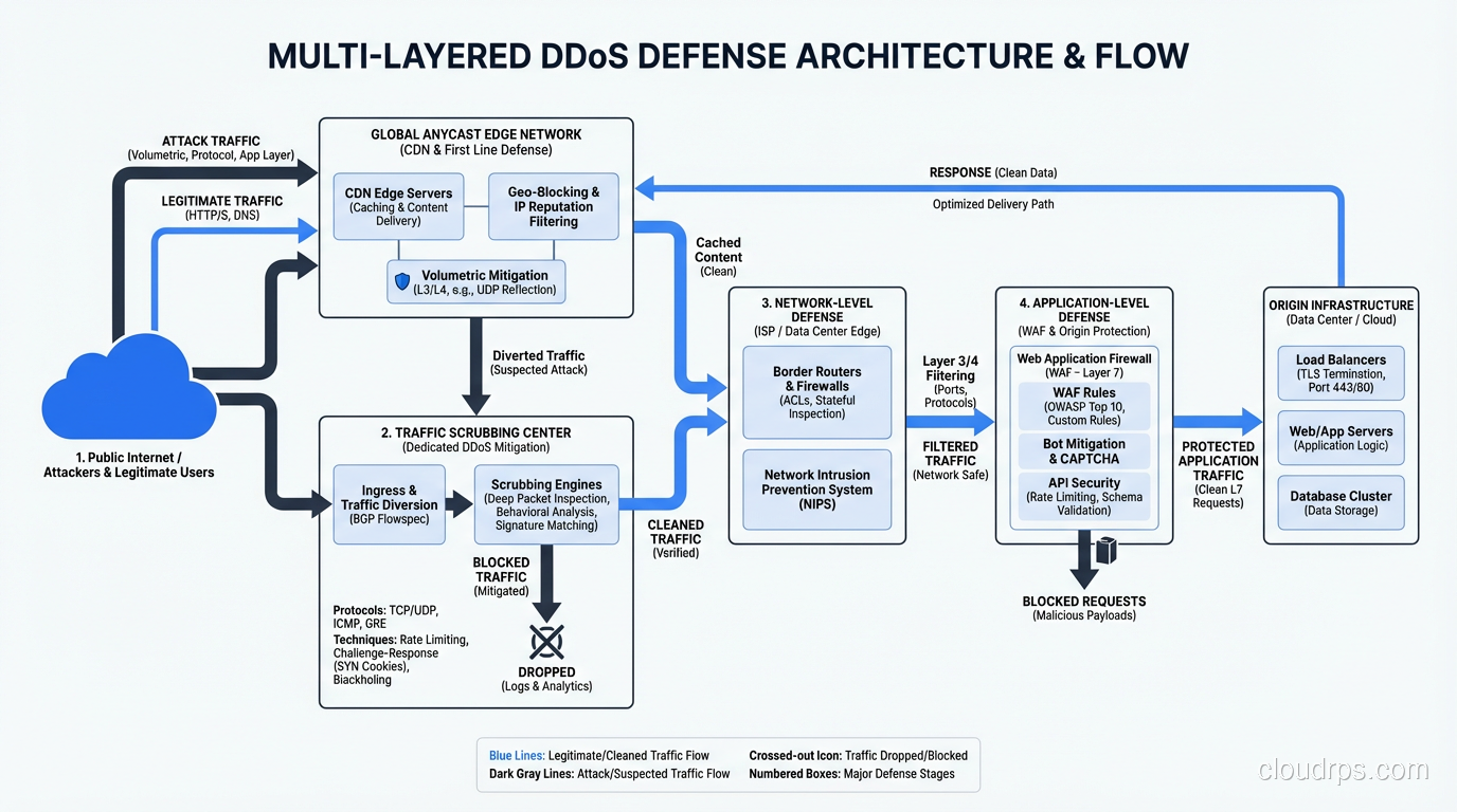 DDoS defense layers showing CDN, scrubbing, network, and application defenses