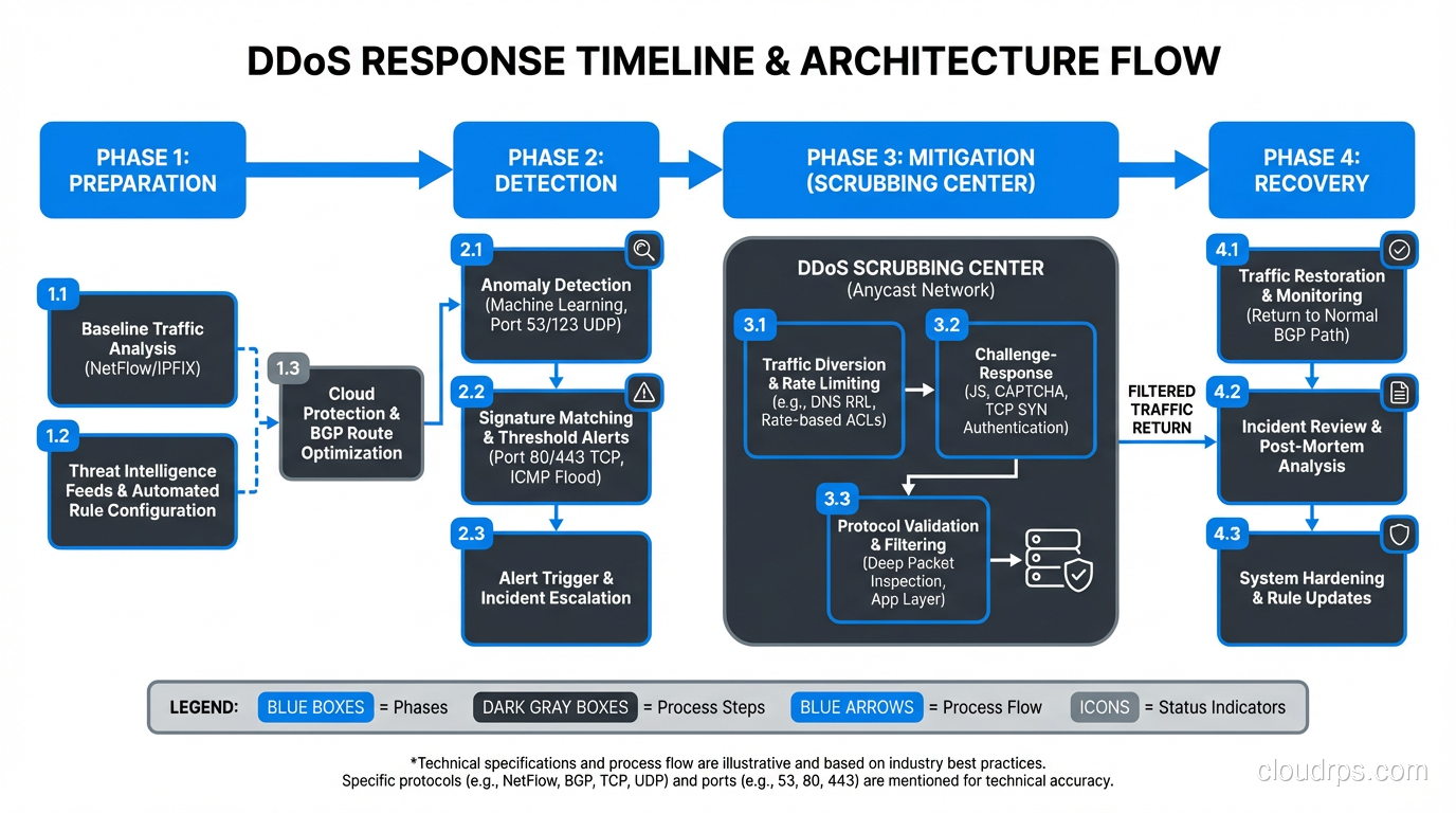 DDoS response timeline showing preparation, detection, mitigation, and recovery phases