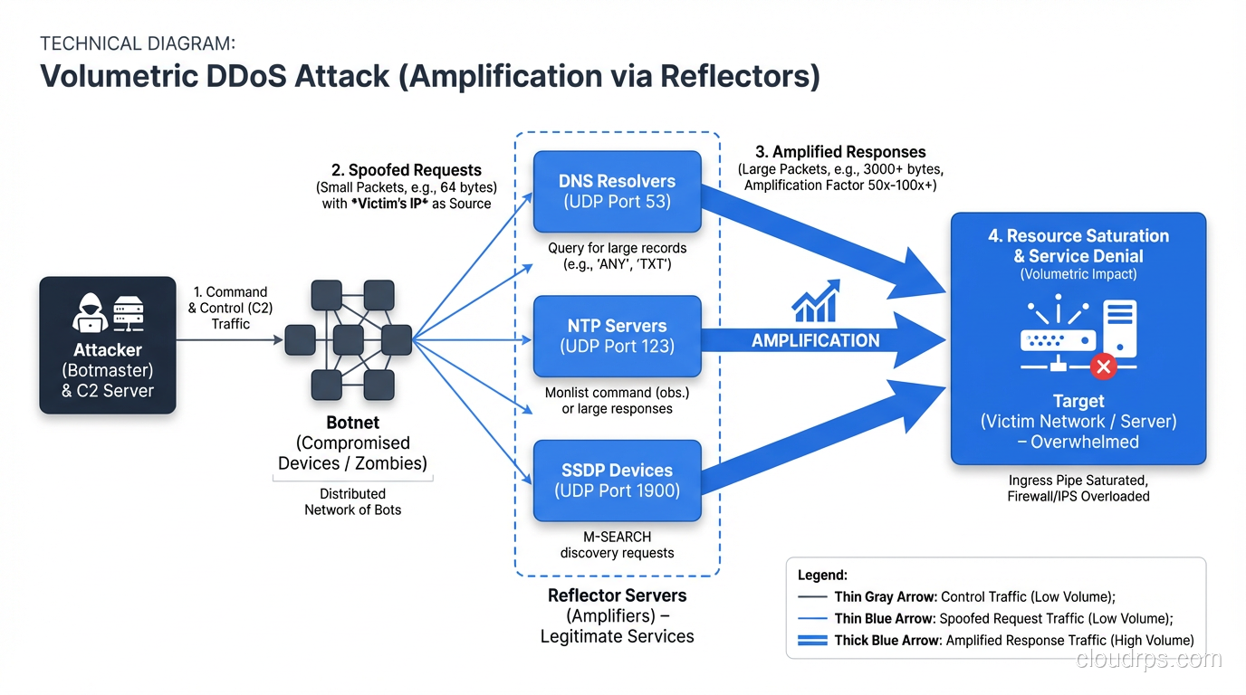 Volumetric DDoS attack diagram showing amplification through reflectors
