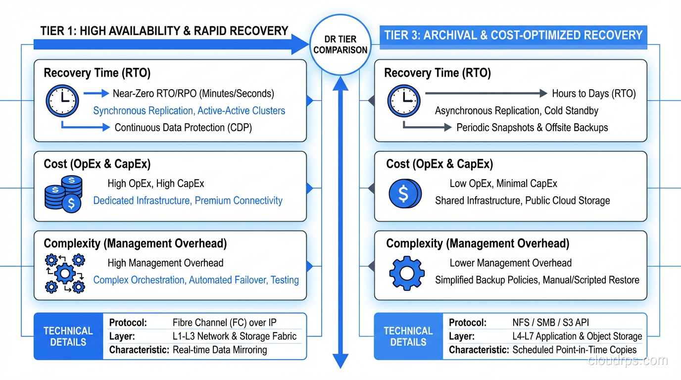 DR tier comparison showing recovery time, cost, and complexity for each tier
