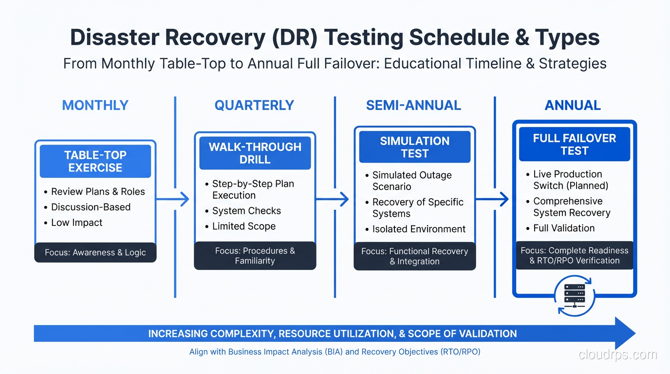 DR testing schedule and types from monthly to annual