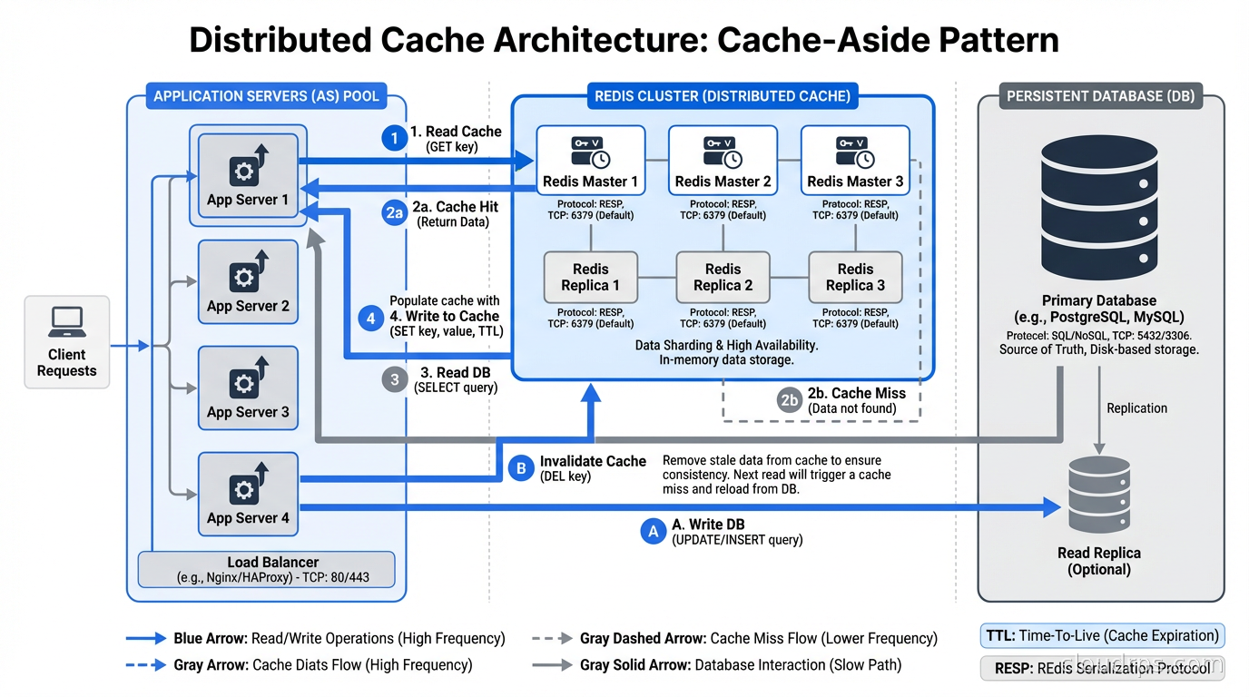Distributed cache architecture showing app servers, Redis cluster, and database with cache-aside pattern flow