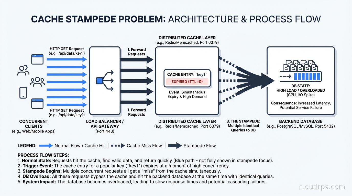 Cache stampede problem showing multiple concurrent requests hitting database when cache expires simultaneously