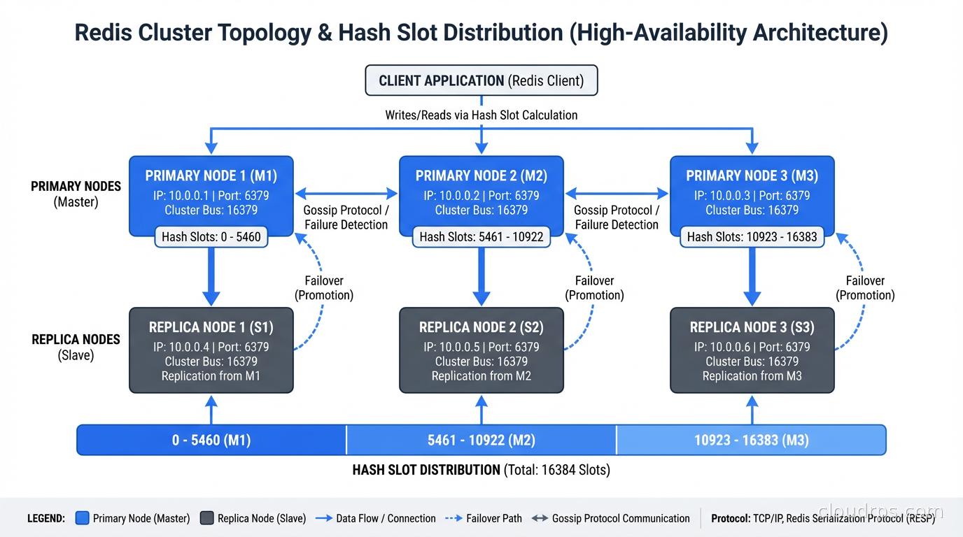 Redis cluster topology with primary nodes, replica nodes, and hash slot distribution