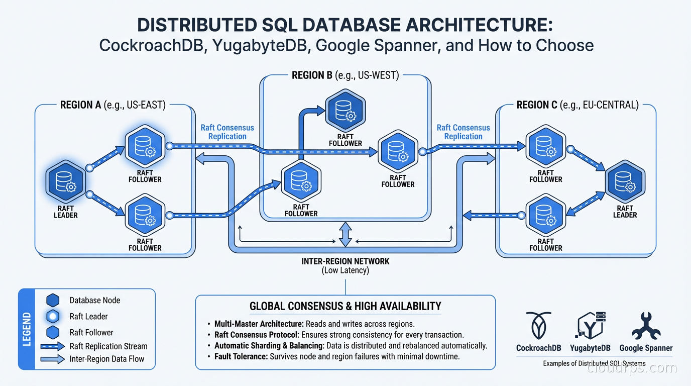 Architecture diagram showing distributed SQL database nodes spanning multiple cloud regions with Raft consensus replication