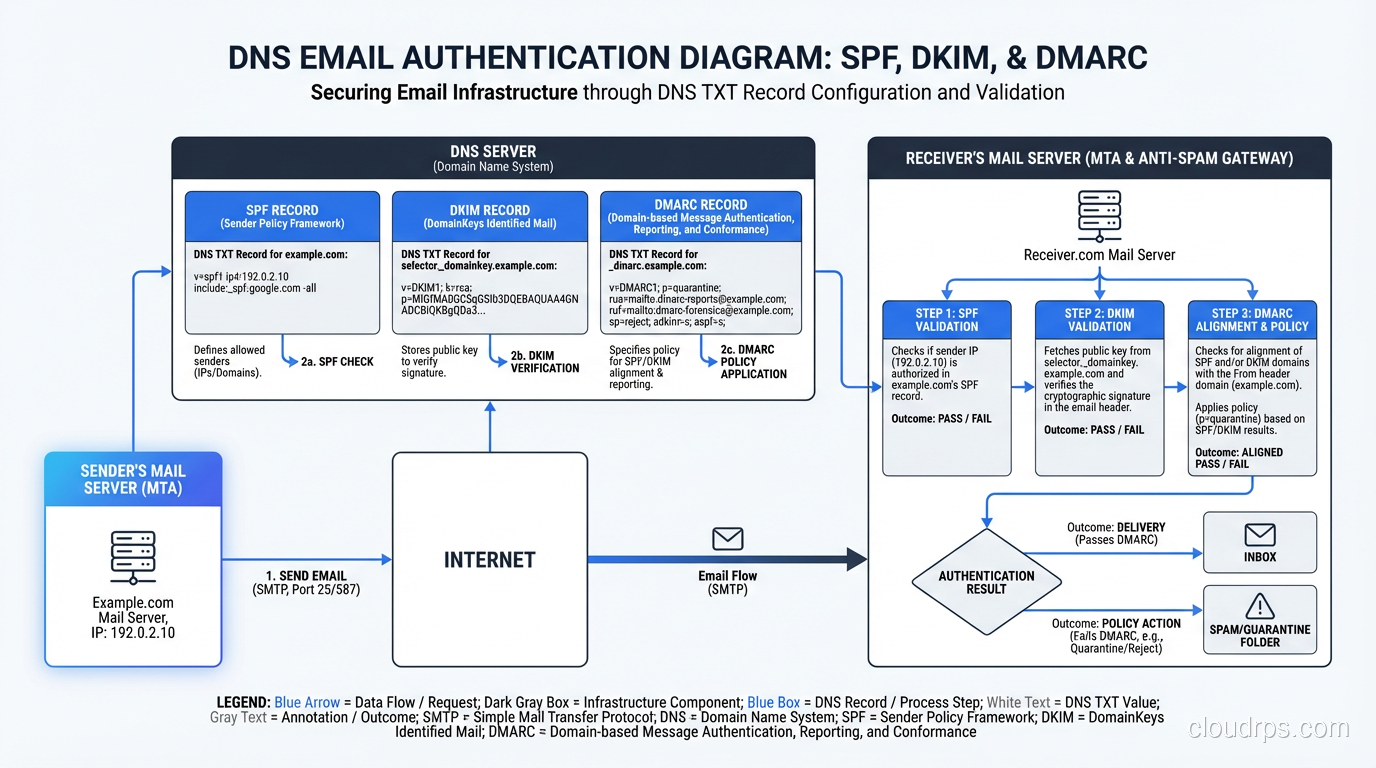 DNS TXT records showing SPF, DKIM, and DMARC configuration for email authentication