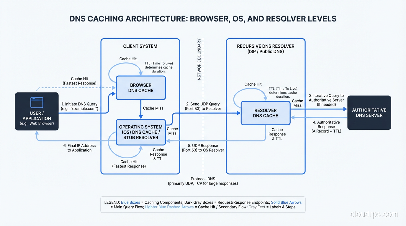 Diagram showing DNS caching at browser, OS, and resolver levels