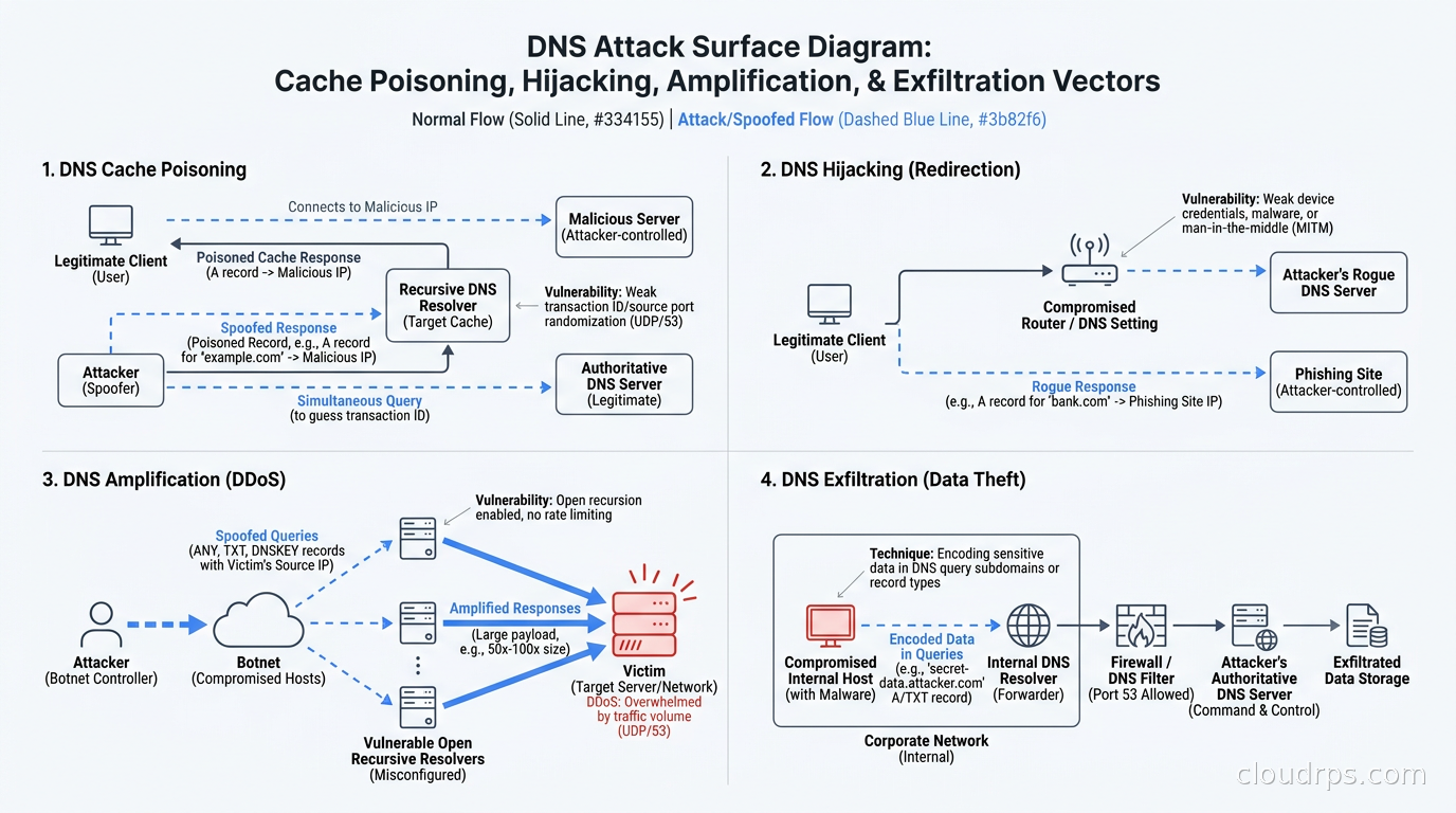 DNS attack surface diagram: cache poisoning, DNS hijacking, amplification, and exfiltration attack vectors