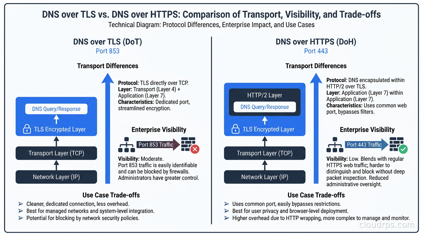 Comparison of DNS over TLS (port 853) vs DNS over HTTPS (port 443) showing transport differences, enterprise visibility, and use case trade-offs