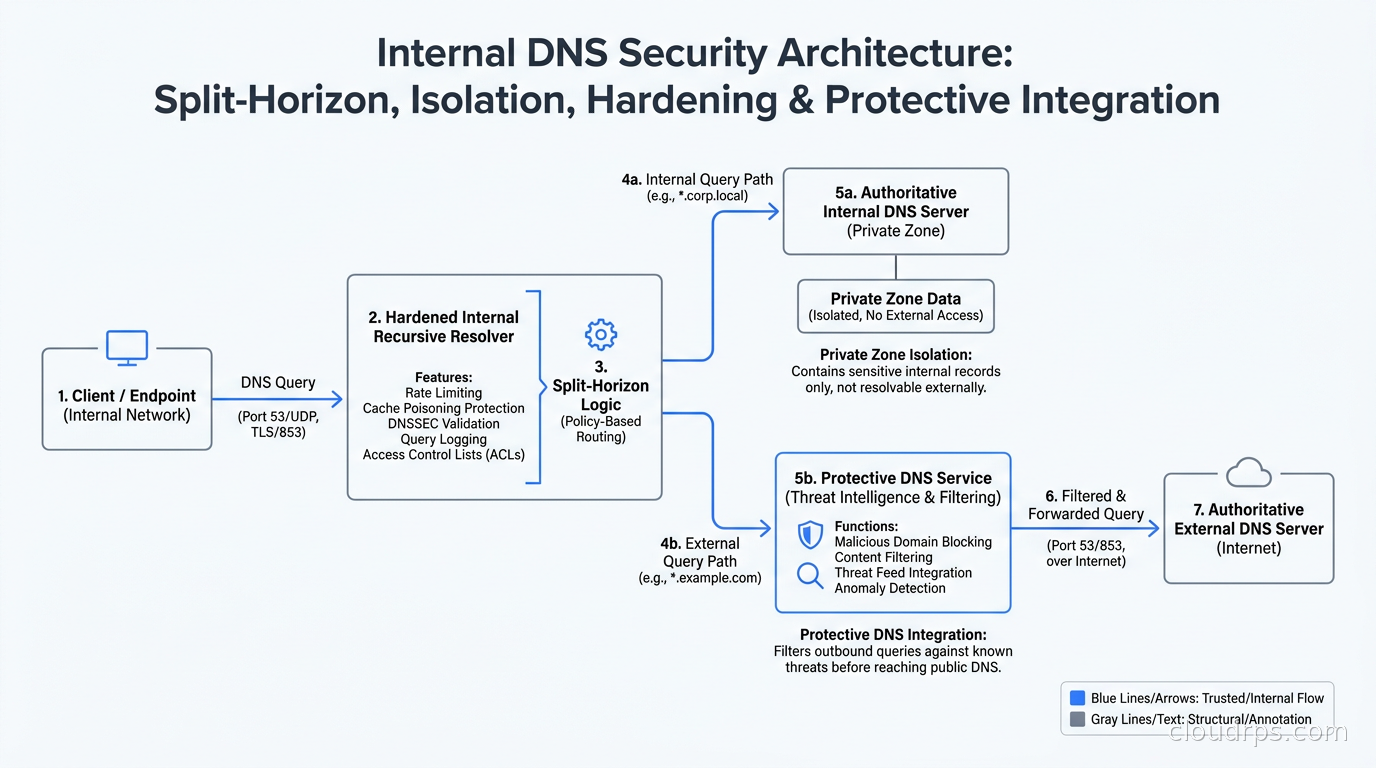 Internal DNS security architecture showing split-horizon DNS, private zone isolation, recursive resolver hardening, and protective DNS integration