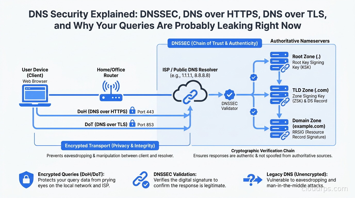 Layered diagram showing DNS query path with DNSSEC chain-of-trust validation and encrypted DoH/DoT transport overlaid on a network topology