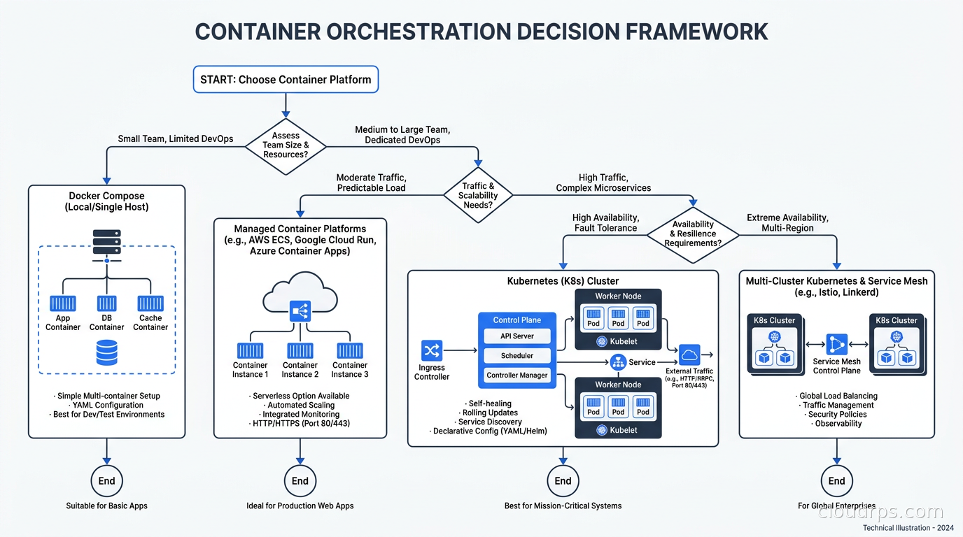 Decision framework flowchart for choosing between Docker Compose, managed container platforms, and Kubernetes based on team size, traffic, and availability requirements