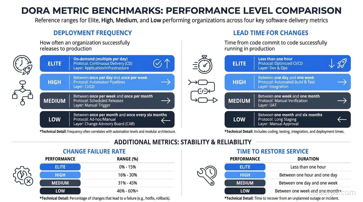 Comparison table showing DORA metric benchmark ranges for elite, high, medium, and low performers across all four metrics