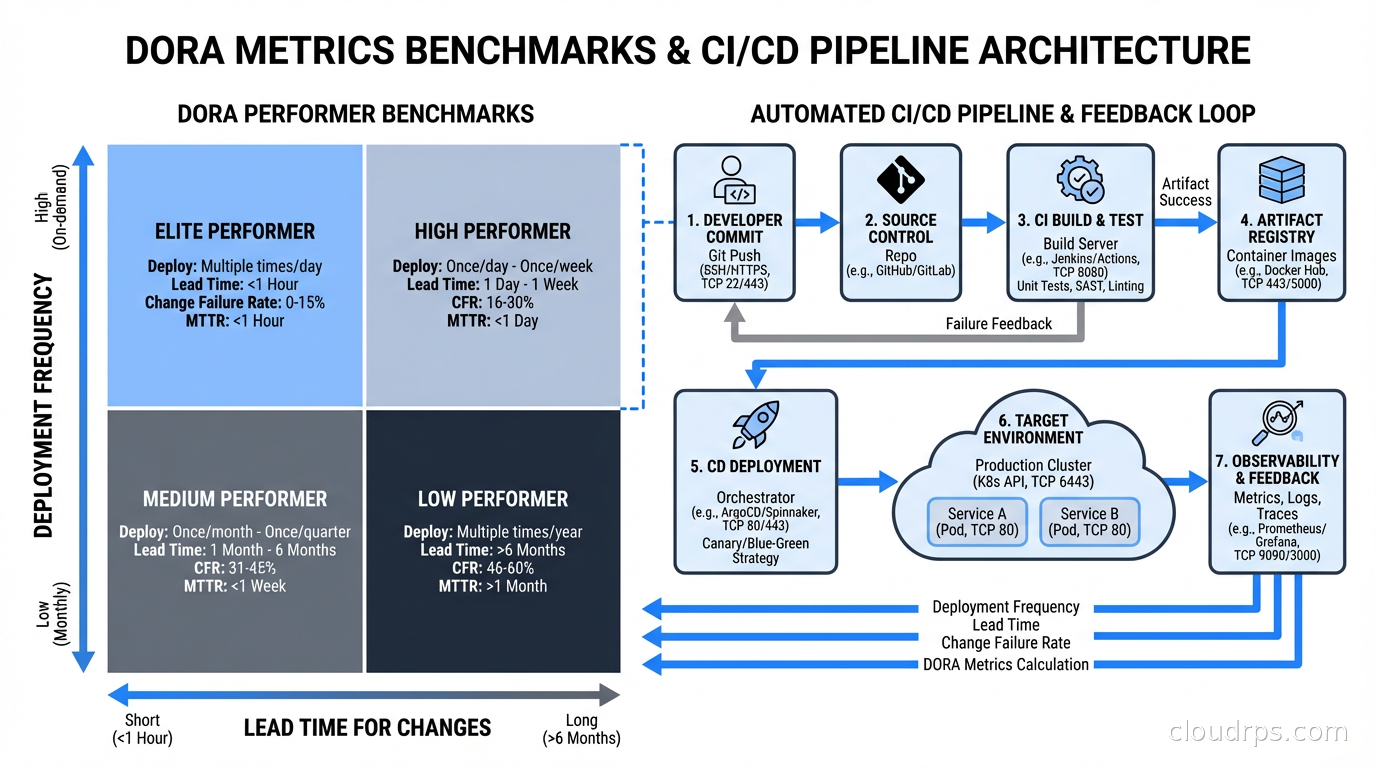 Four-quadrant chart showing DORA elite, high, medium, and low performer benchmarks across deployment frequency and lead time axes
