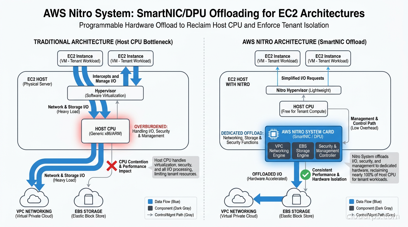 AWS Nitro system card offloading VPC networking and EBS storage from the EC2 host CPU
