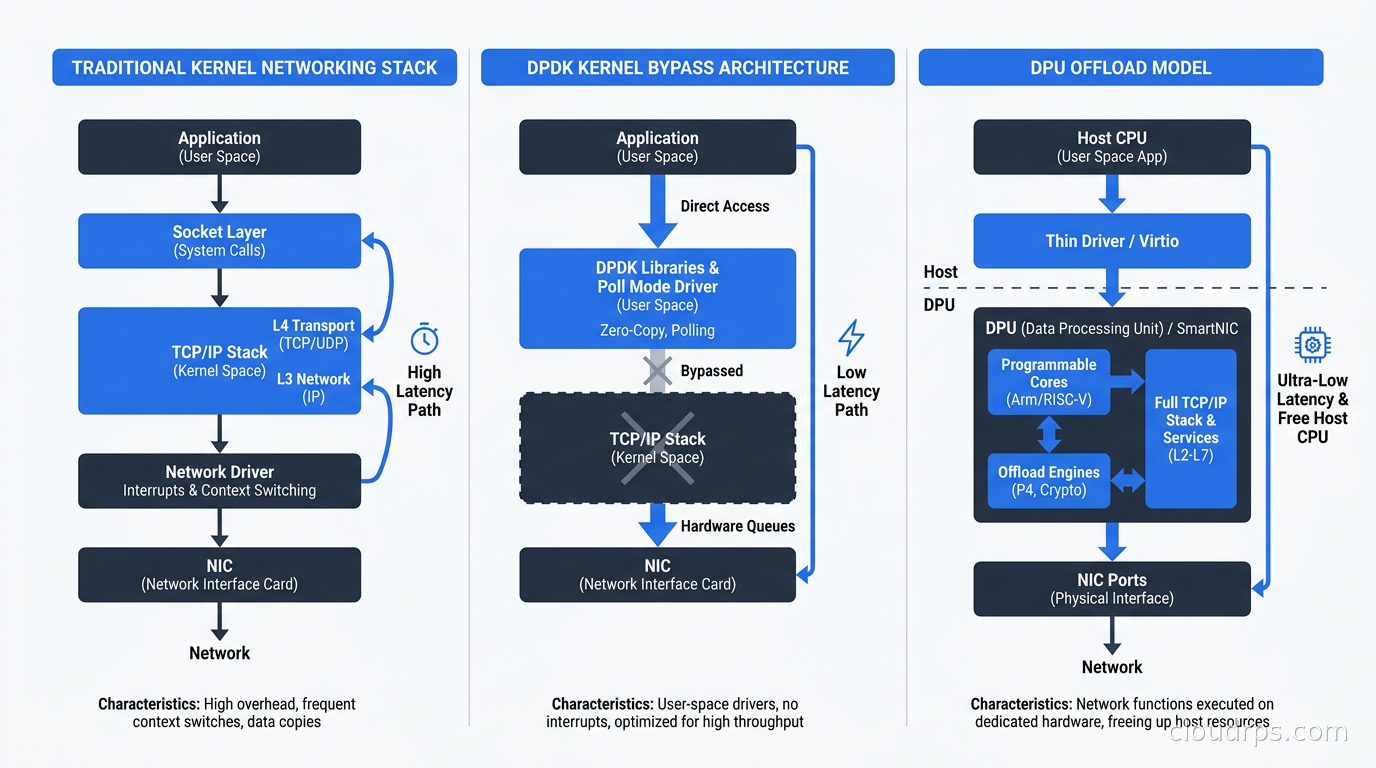 DPDK kernel bypass architecture compared to traditional kernel networking stack and DPU offload model
