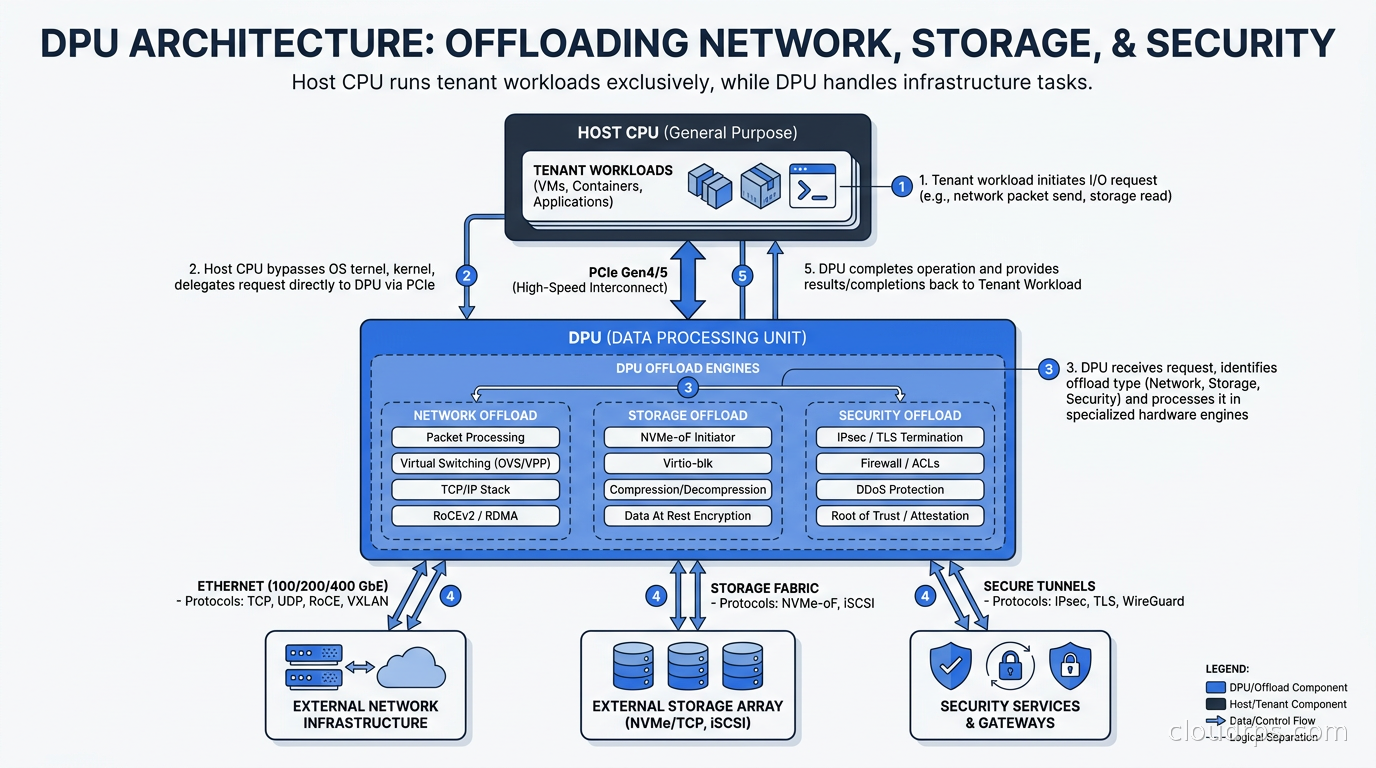 Architecture diagram showing DPU handling network, storage, and security offload while host CPU runs tenant workloads exclusively