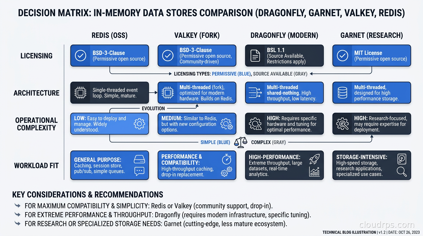 Decision matrix comparing Dragonfly, Garnet, Valkey, and Redis across licensing, architecture, operational complexity, and workload fit