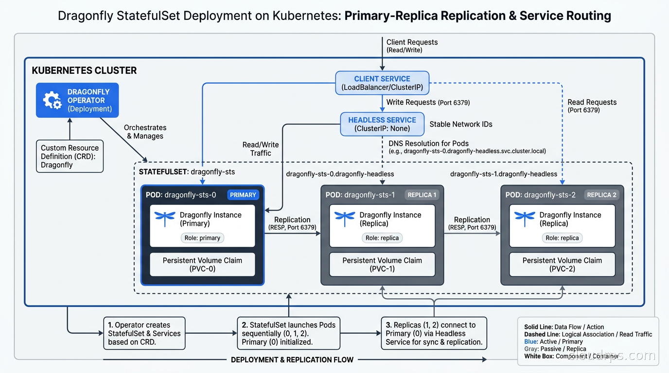 Dragonfly StatefulSet deployment on Kubernetes showing primary-replica replication, Dragonfly Operator, and service routing