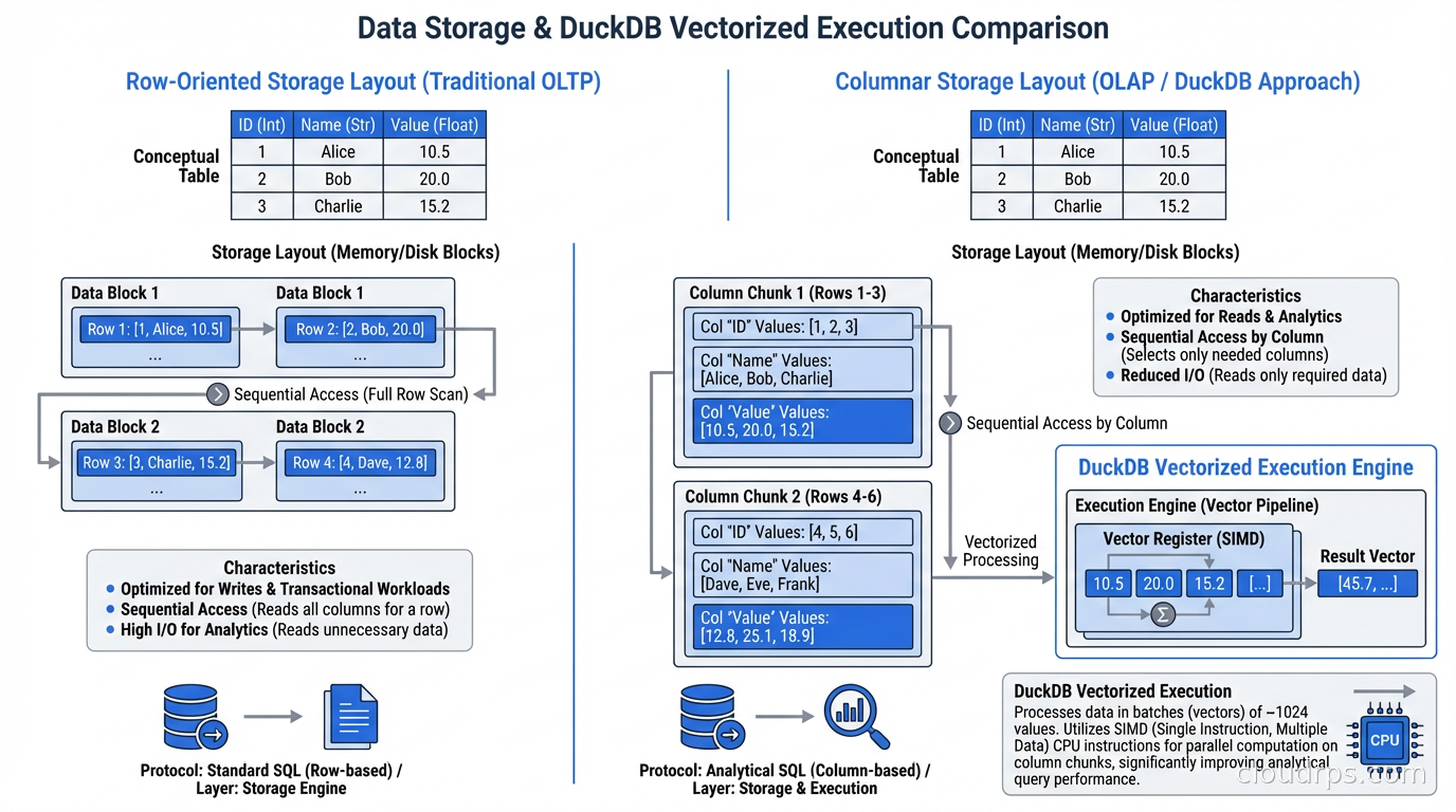 Diagram comparing row-oriented vs columnar storage layout and how DuckDB uses vectorized execution on column chunks