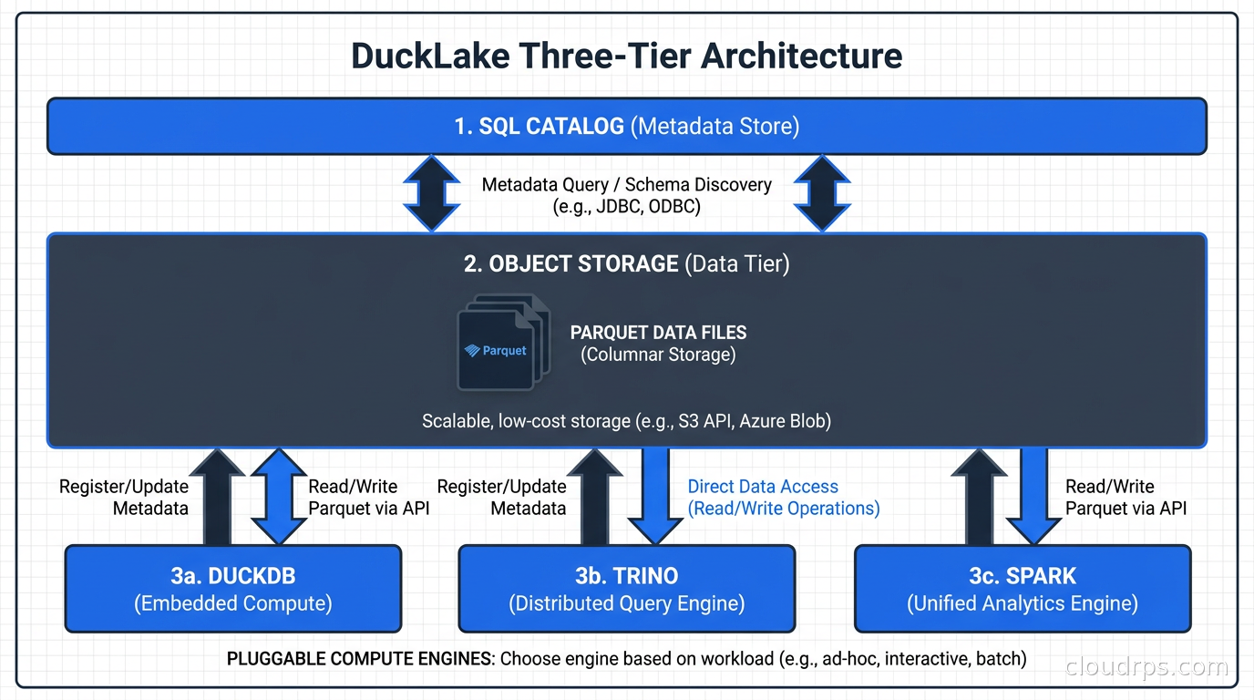 DuckLake three-tier architecture: SQL catalog for metadata, object storage for Parquet data files, and pluggable compute engines including DuckDB, Trino, and Spark