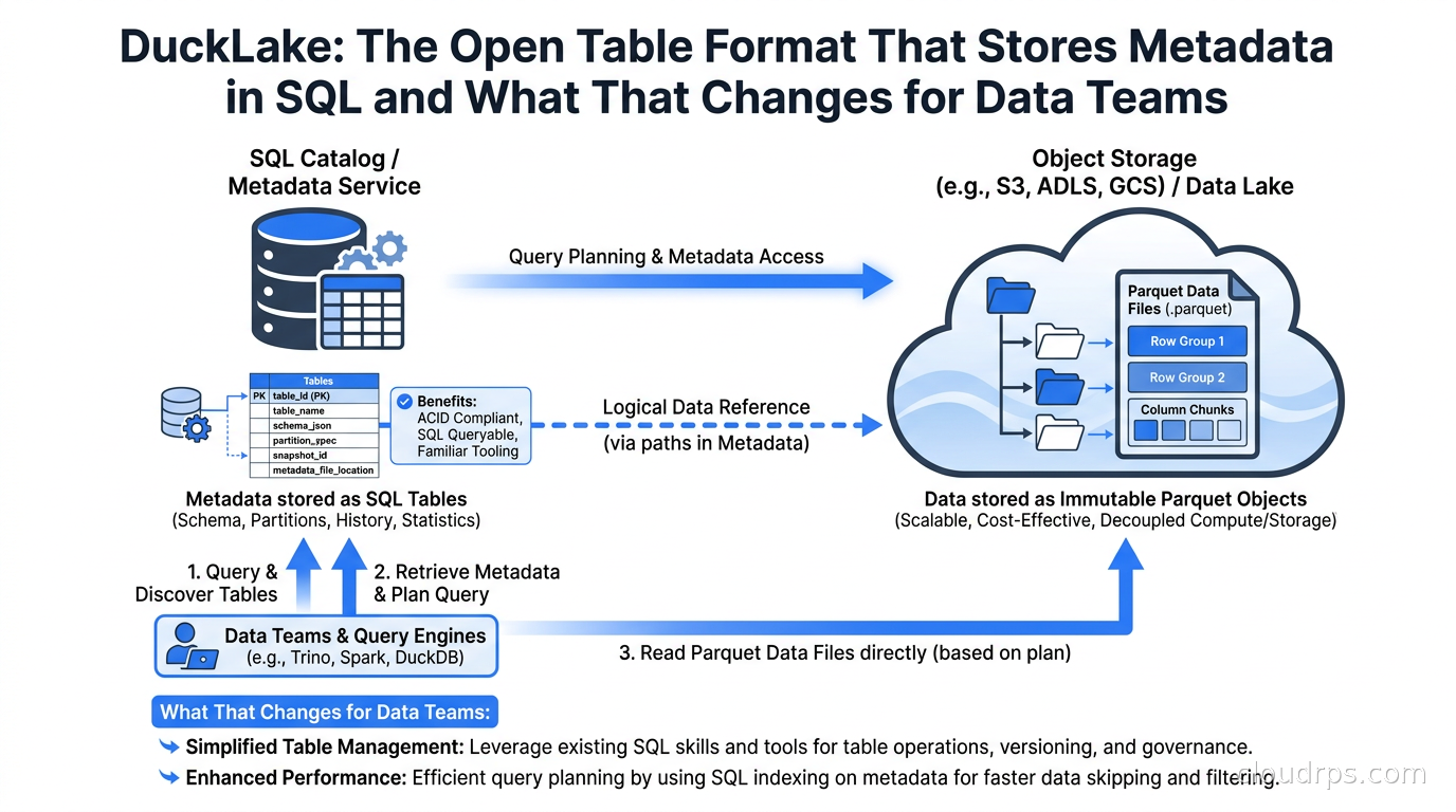 DuckLake architecture showing SQL catalog connected to Parquet storage on object storage