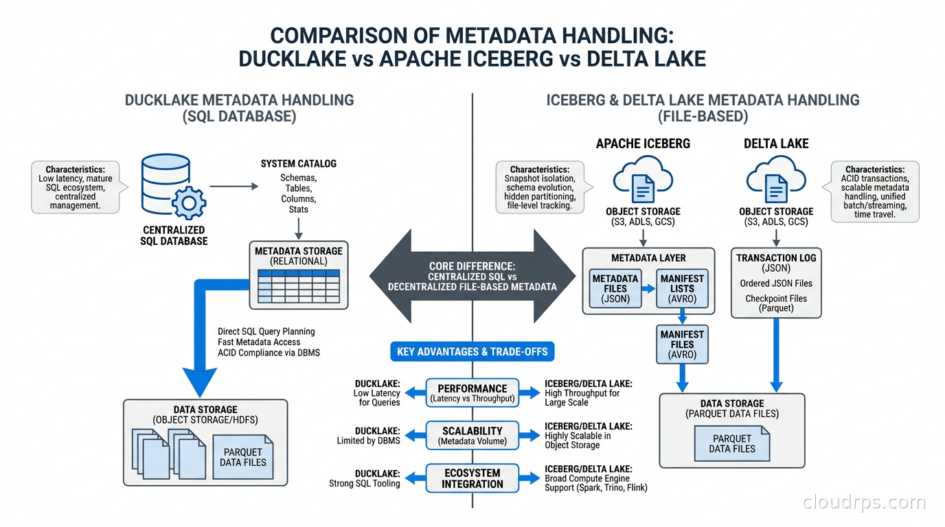 Comparison of DuckLake vs Apache Iceberg vs Delta Lake metadata handling: DuckLake uses SQL database, Iceberg uses JSON/Avro files in object storage, Delta Lake uses JSON transaction log files