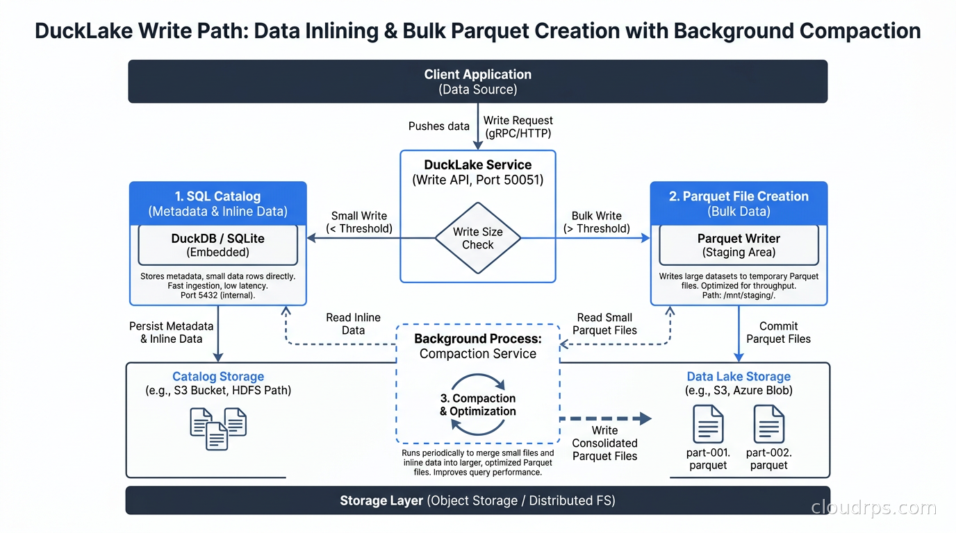 DuckLake write path showing data inlining in SQL catalog for small writes versus Parquet file creation for bulk writes, with compaction running as background process