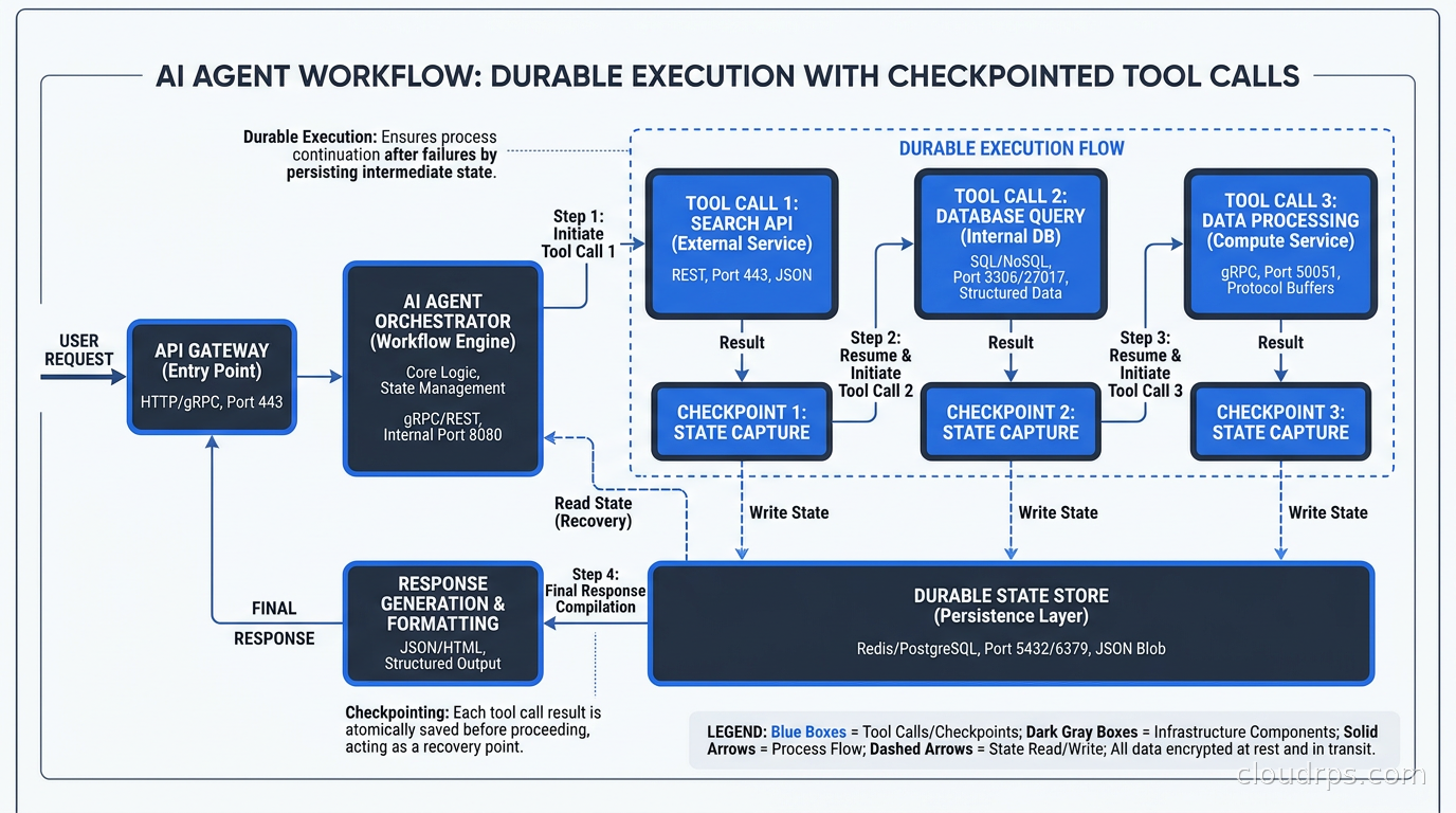 AI agent workflow with durable execution: each tool call is a checkpointed step