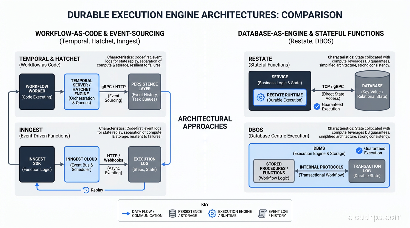 Comparison of durable execution engine architectures: Temporal, Restate, DBOS, Hatchet, and Inngest