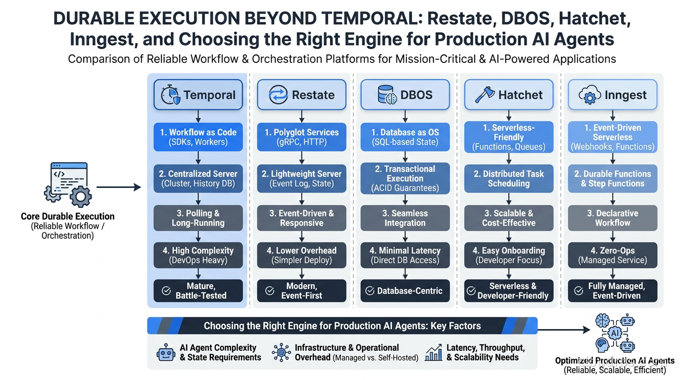 Diagram comparing durable execution engines: Restate, DBOS, Hatchet, Inngest, and Temporal