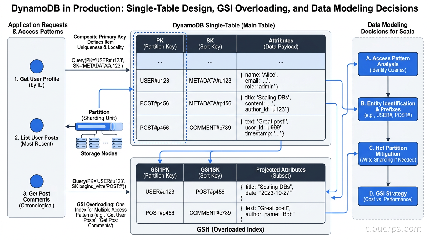DynamoDB partition key design and single-table data modeling architecture diagram