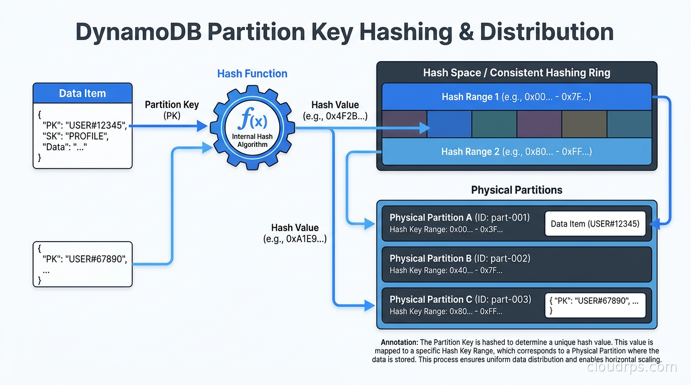 DynamoDB partition key hashing and distribution across physical partitions