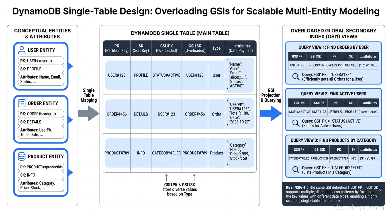 Single-table design with overloaded GSIs for multiple entity types
