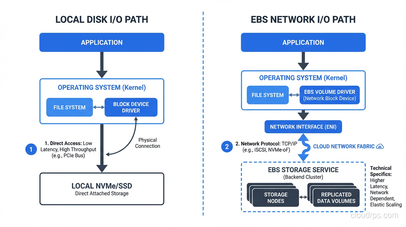 Diagram comparing local disk I/O path versus EBS network I/O path