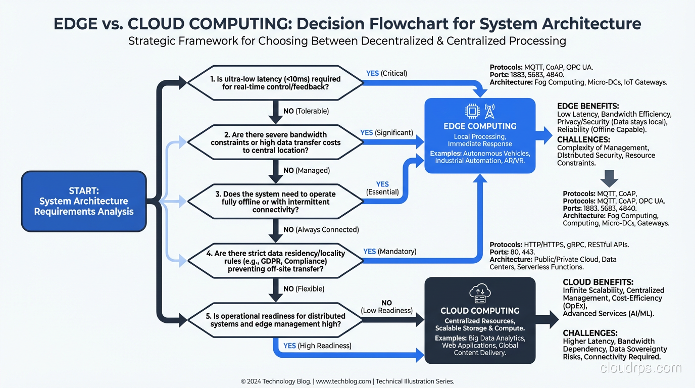 Decision flowchart for choosing between edge and cloud computing, walking through five key questions about latency requirements, bandwidth constraints, offline operation needs, data locality rules, and operational readiness