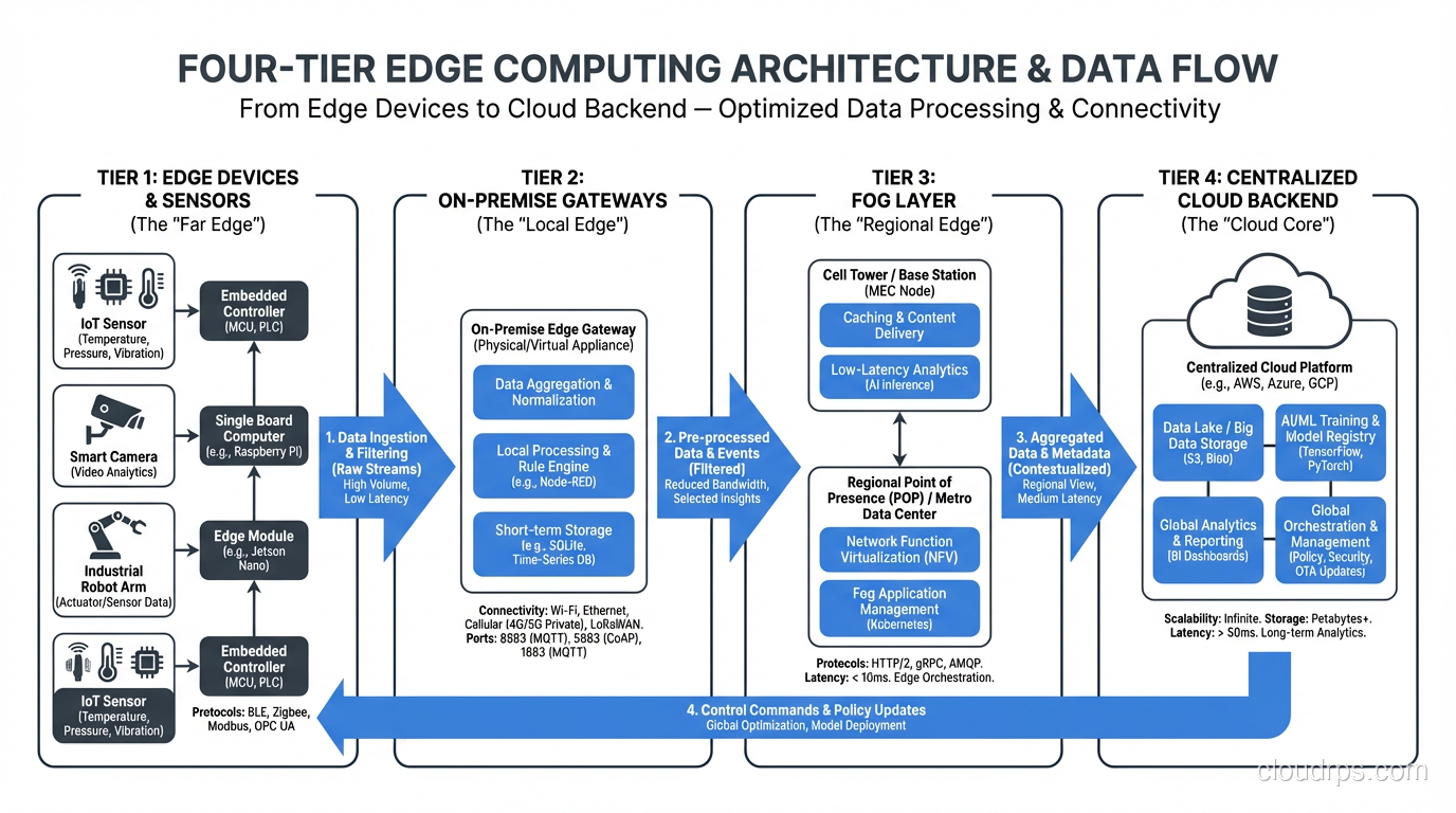 Four-tier edge computing architecture diagram showing the data flow from Tier 1 edge devices and sensors, through Tier 2 on-premise gateways, to Tier 3 fog layer at cell towers and regional points of presence, up to the Tier 4 centralized cloud backend