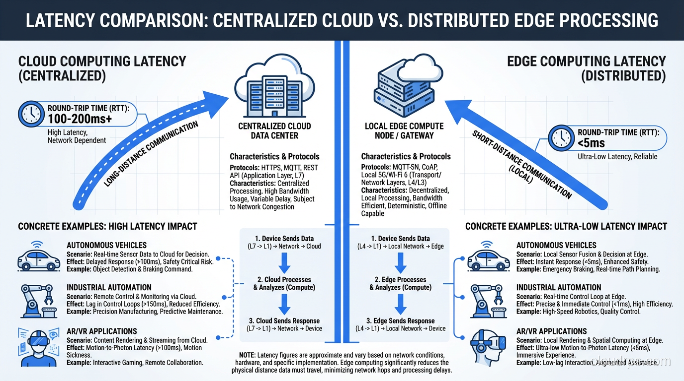Latency comparison between cloud and edge processing showing round-trip times of 100-200ms for centralized cloud versus under 5ms for edge compute, with concrete examples across autonomous vehicles, industrial automation, and AR/VR applications