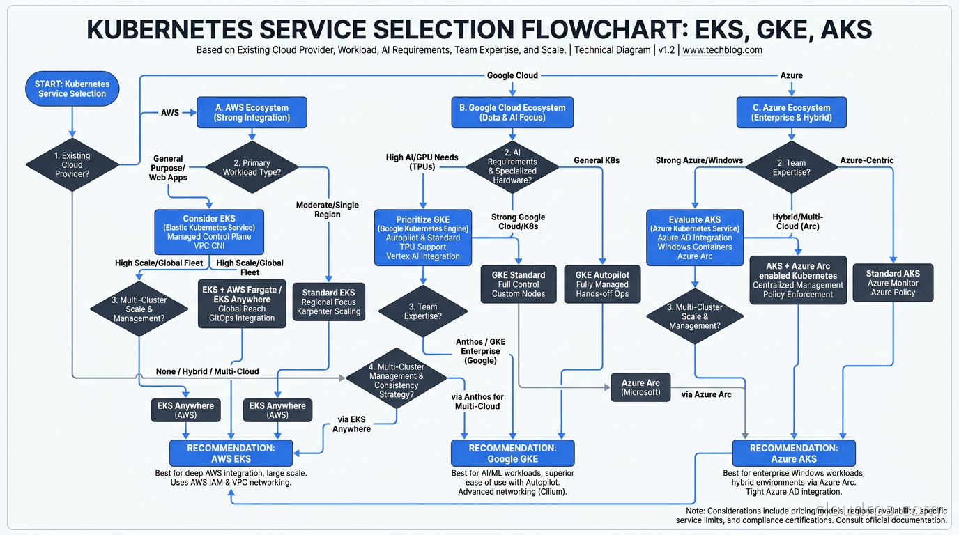 Decision flowchart for selecting between AWS EKS, Google GKE, and Azure AKS based on existing cloud provider, workload type, AI requirements, team expertise, and multi-cluster scale