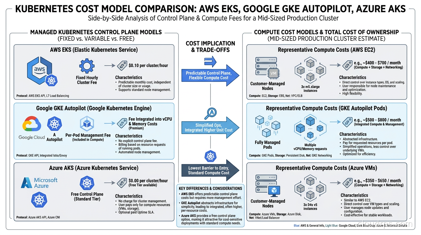Kubernetes cost model comparison showing AWS EKS hourly cluster fee, Google GKE Autopilot per-pod billing, and Azure AKS free control plane against representative compute costs for a mid-sized production cluster
