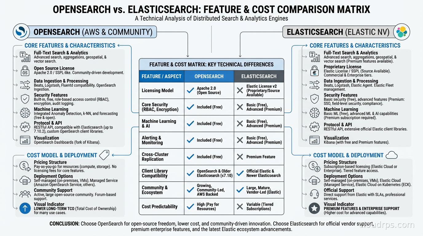 OpenSearch vs Elasticsearch feature and cost comparison matrix