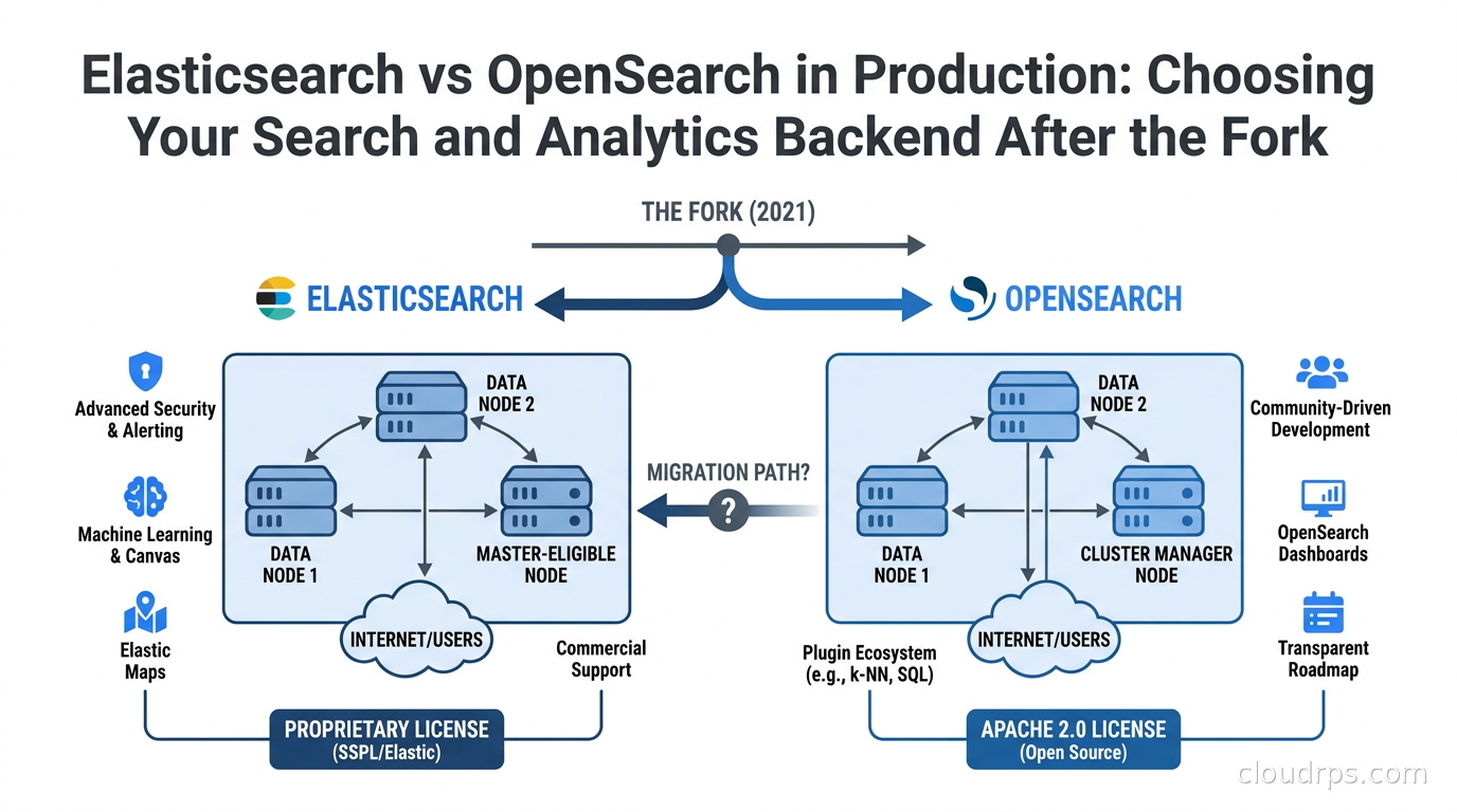 Split-screen diagram comparing Elasticsearch and OpenSearch cluster architectures with license badges and feature callouts