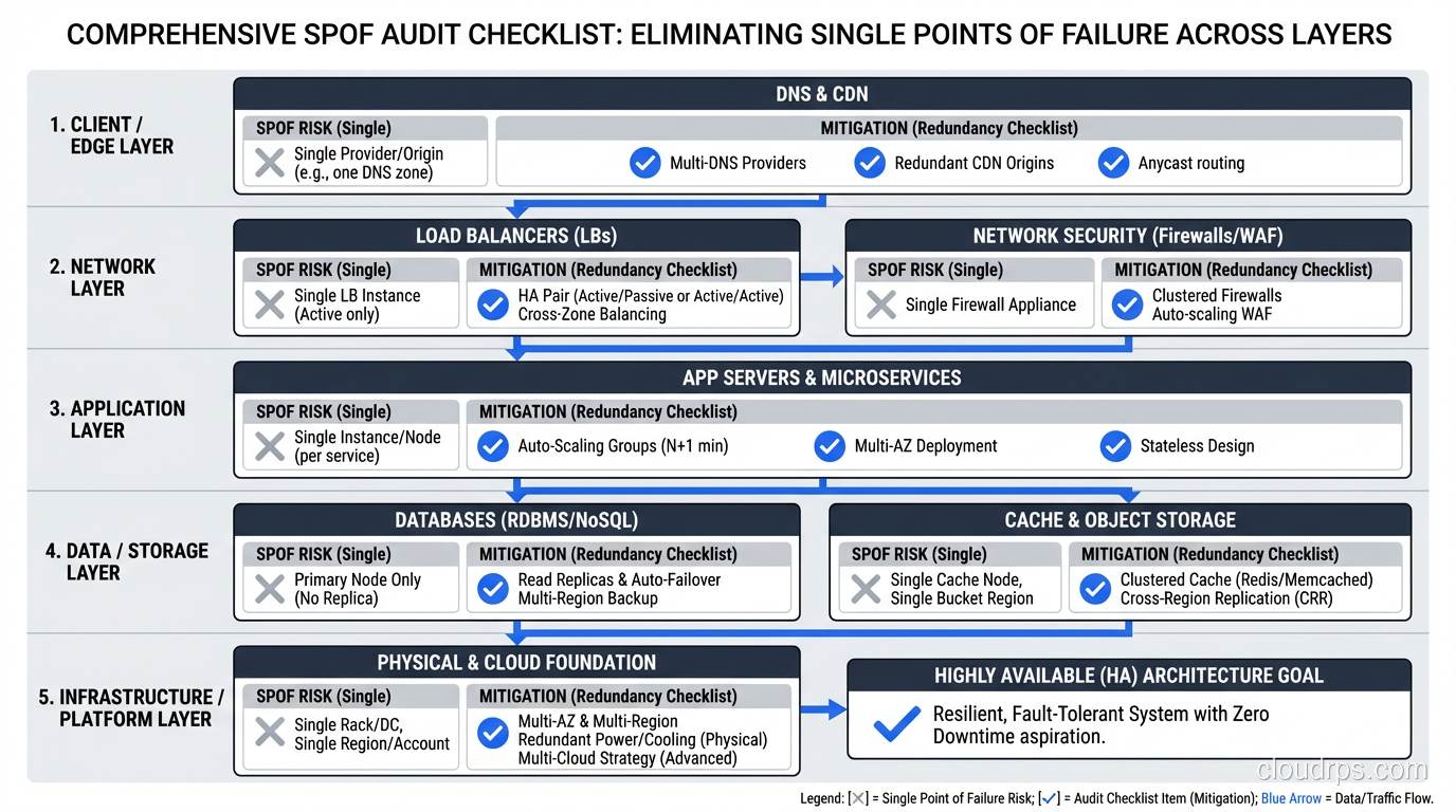 Comprehensive SPOF audit checklist visualization covering all architectural layers