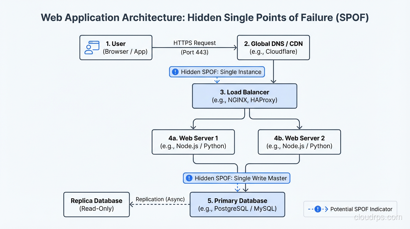 Diagram showing hidden single points of failure in a typical web application architecture