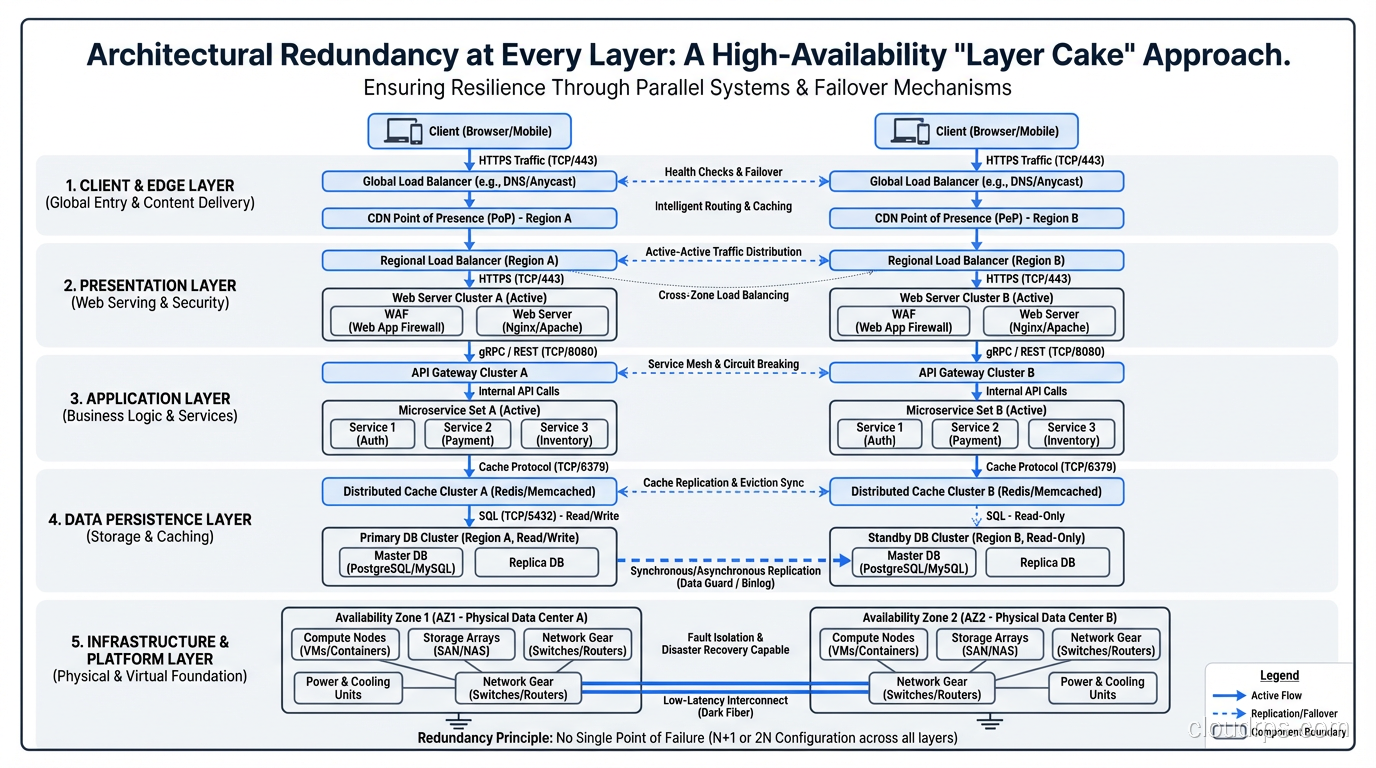 Layer cake diagram showing redundancy required at every architectural layer